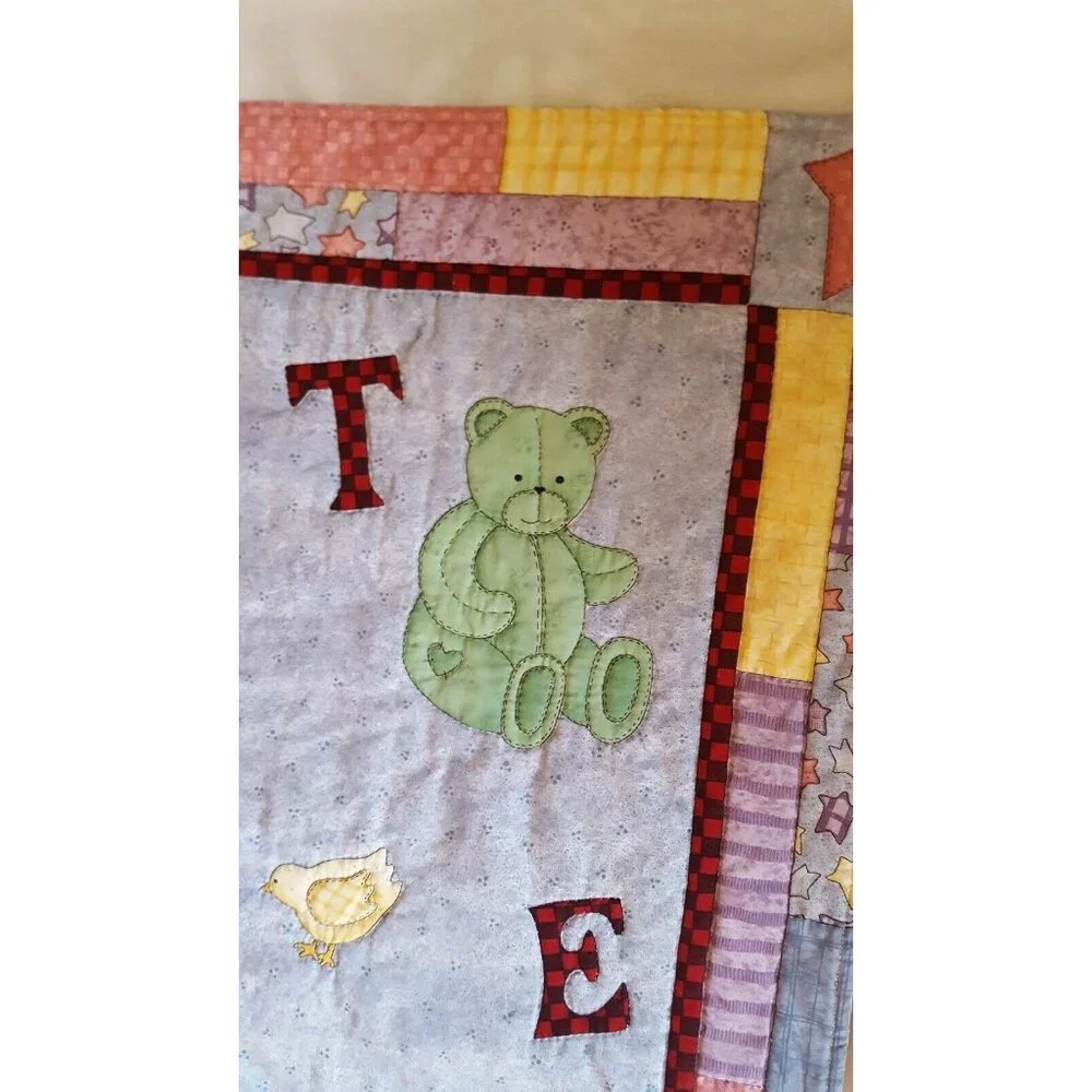 Baby Quilt Throw Crib Alphabet Zoo Animals Blue Pink Bear Lion Rabbit Stitched 3